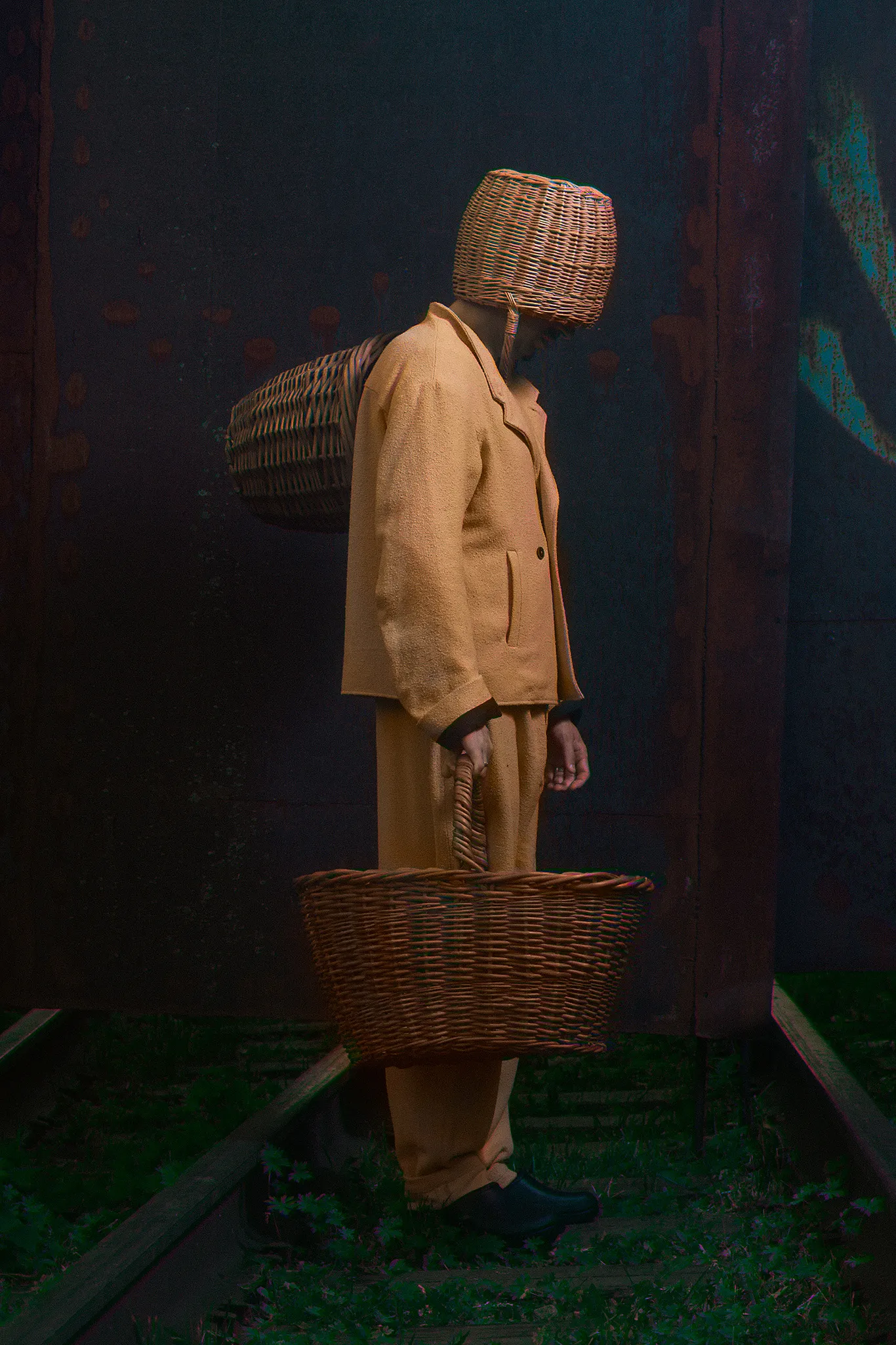 A man in a mustard suit, a wicker basket over his head, stands on rail tracks carrying more baskets.