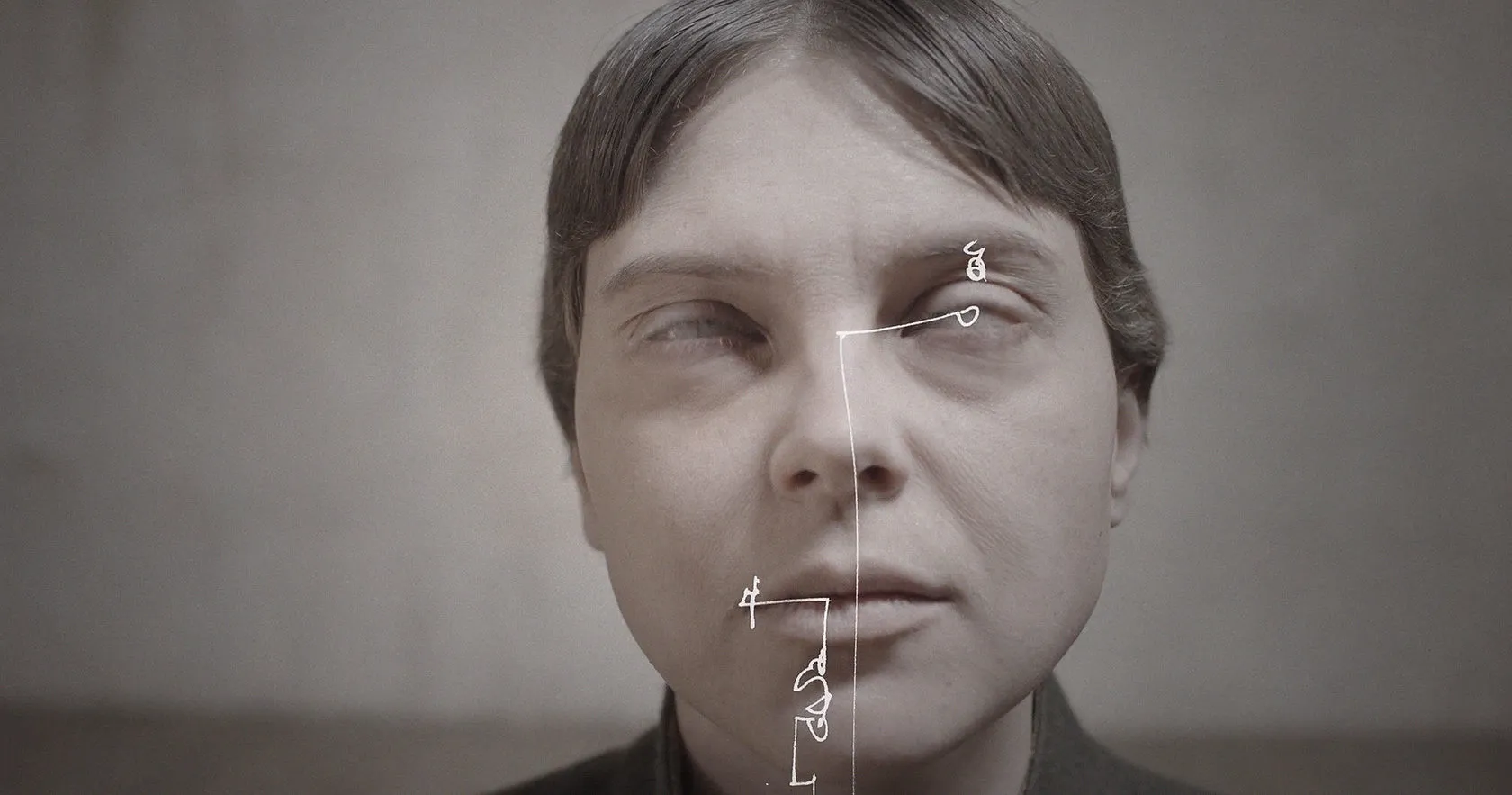A woman with closed eyes, white lines and marks drawn across her face.
