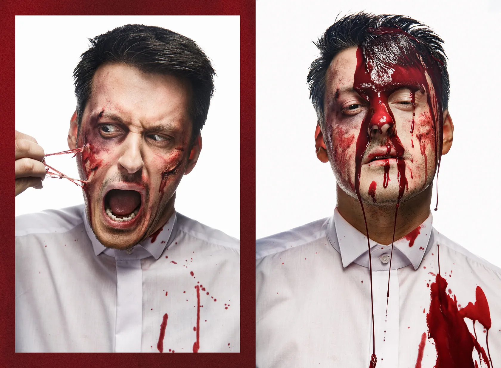 Two shots of Ilya Naishuller in a white shirt streaked with fake blood, one mid-scream.