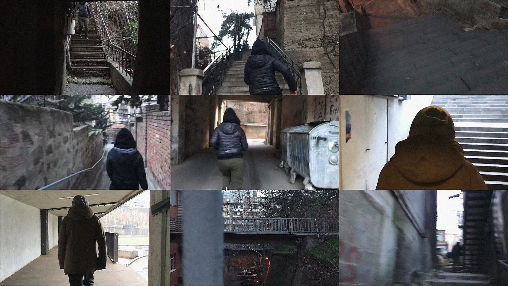 A grid of test frames: a hooded figure walks through narrow alleys and stairways.