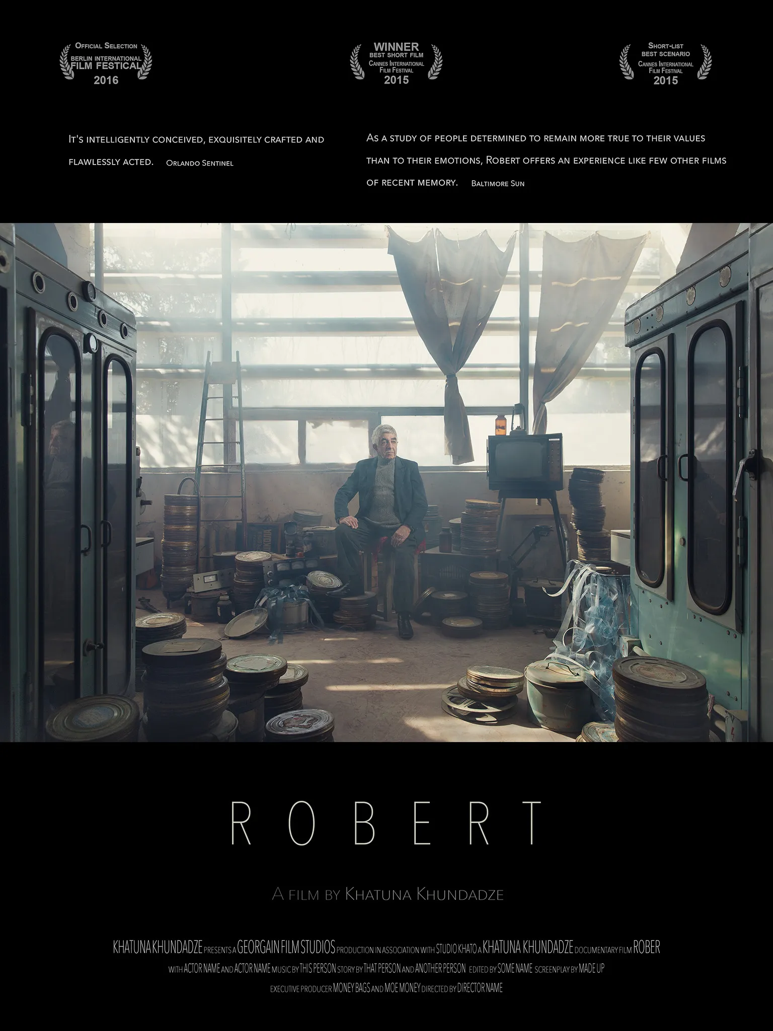 Poster for Robert, a film by Khatuna Khundadze: Robert in the hall of film cans.
