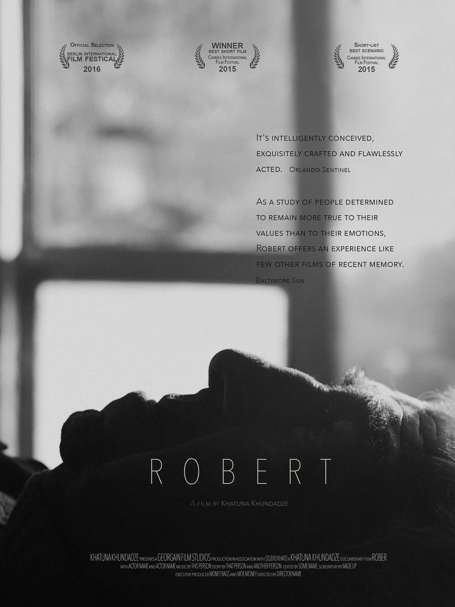 Poster for Robert: his profile in grey, with festival laurels and press quotes.