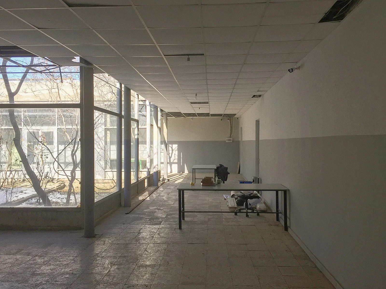 The empty atrium hall before the build: bare walls, a lone table, windows onto trees.