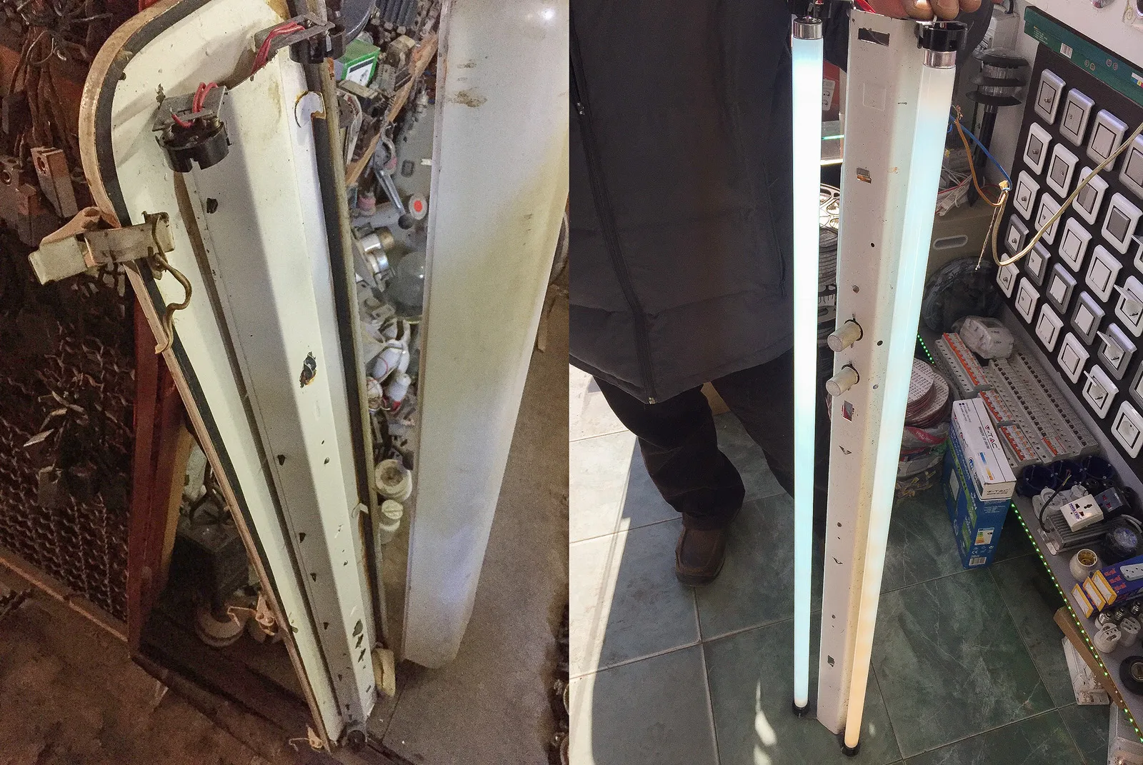 Old fluorescent lamp fittings in a market stall.