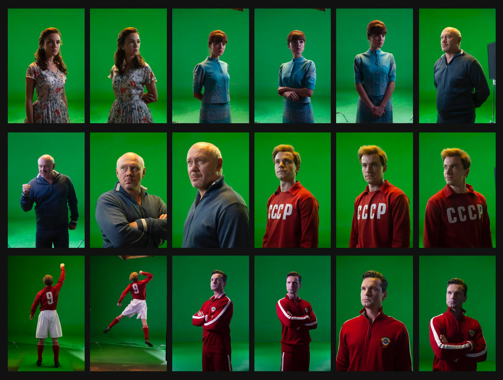 A grid of cast portraits shot against a green chroma-key screen.