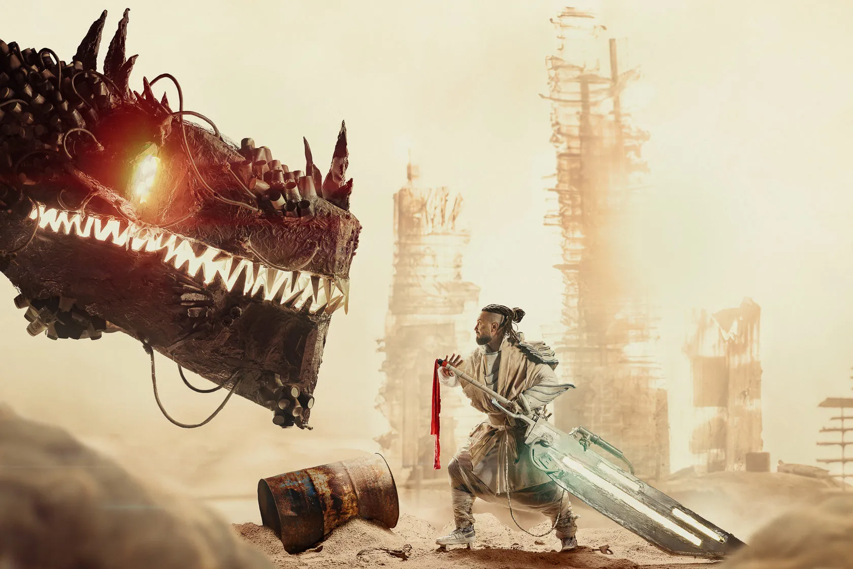 The Wandering Samurai faces a giant mechanical Godzilla head among ruined towers in a desert.