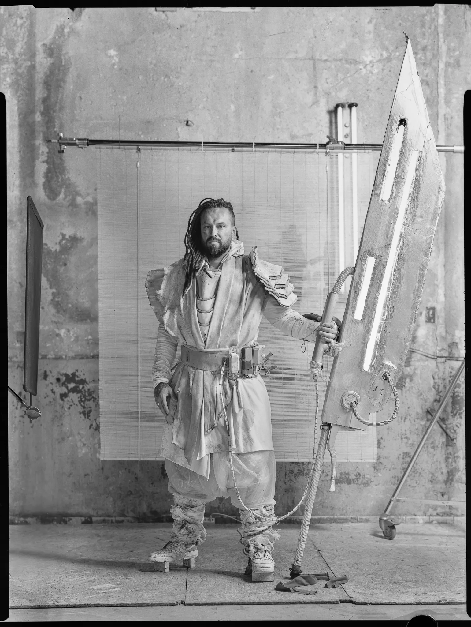 A man with dreadlocks in pale armour stands beside a sword taller than himself, on black-and-white sheet film.