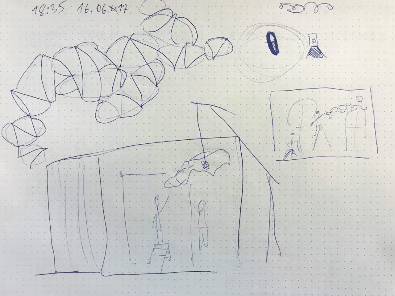 A pen sketch of the set on squared paper: curtains, a hanging cloud and two small figures.