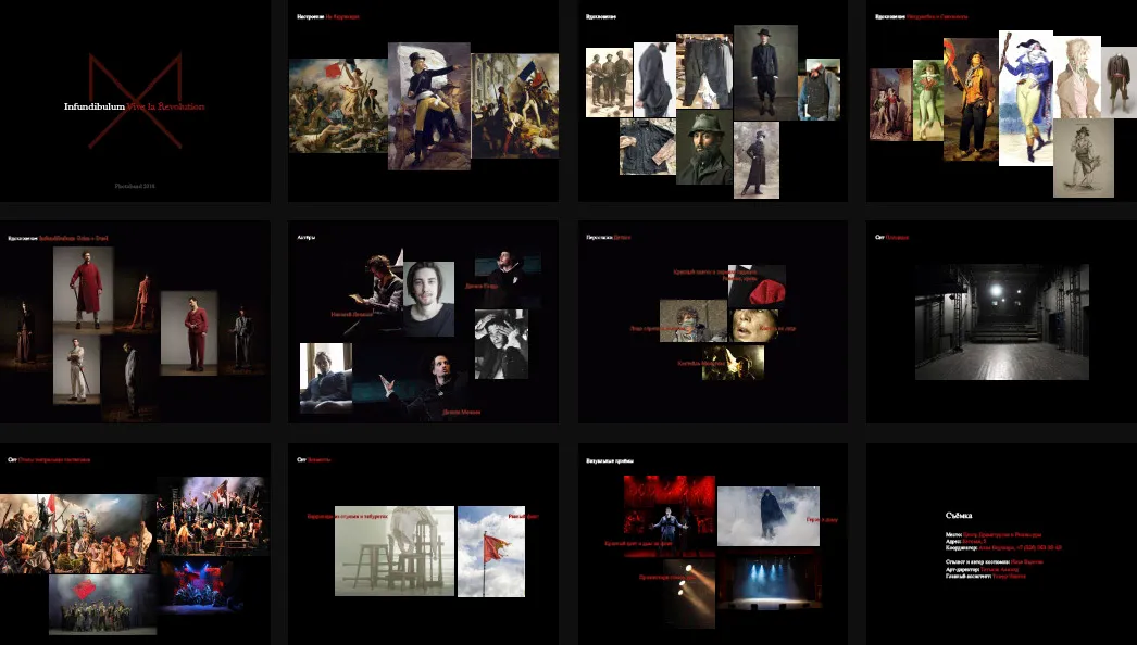 The Vive La Révolution moodboard: pages of paintings, costumes and lighting references on black.