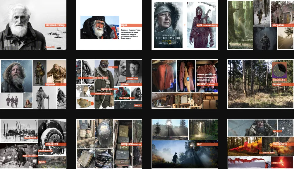 The Polar Stalker moodboard: polar explorers, film posters, forests and camp gear.