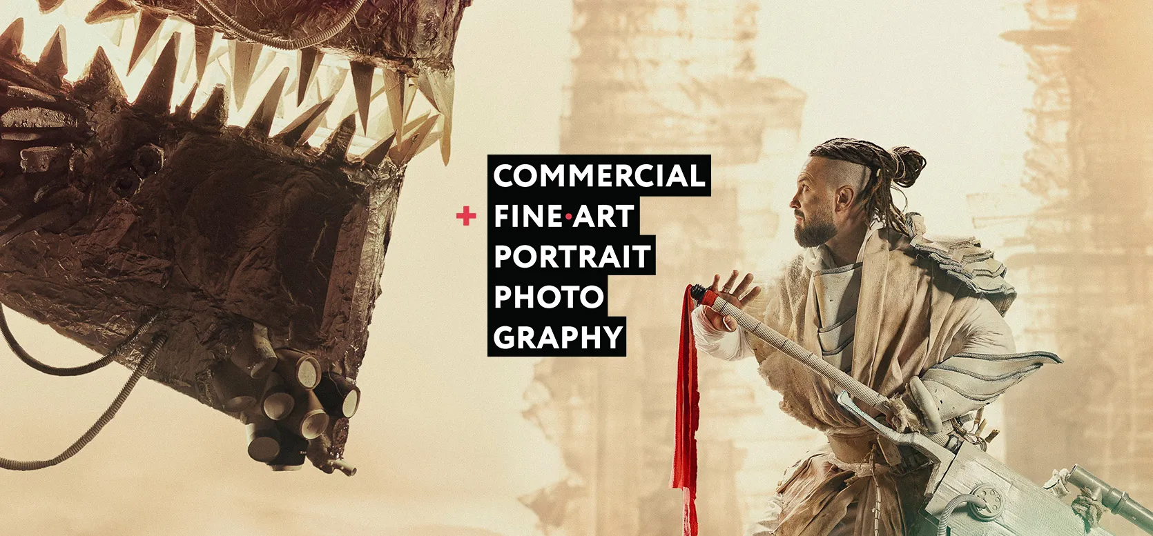 Spéos portrait course by Andrei Kovalev: a robed warrior with a red-ribboned sword faces a giant monster’s open jaws.