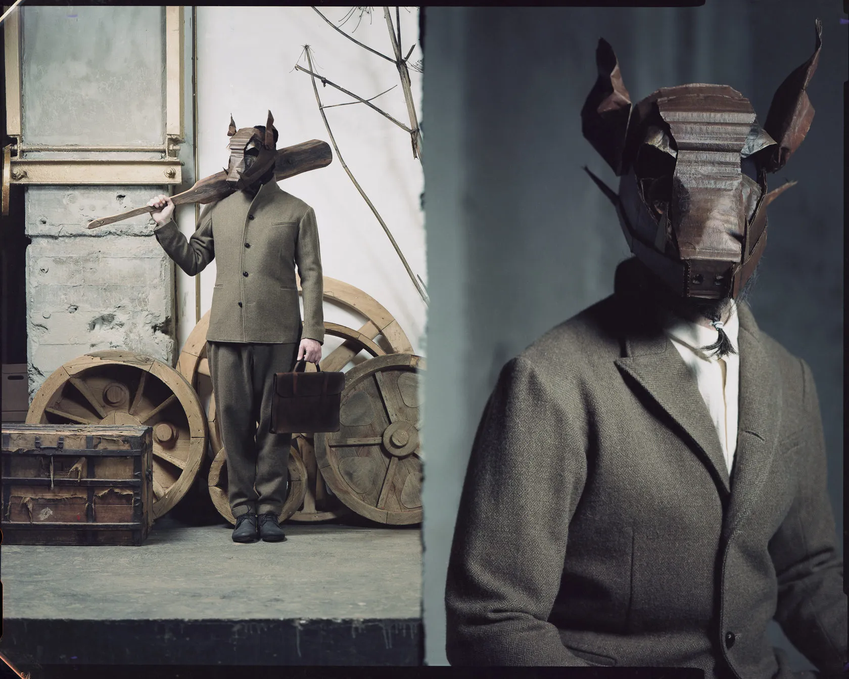 A man in a horned cardboard mask, shown full length with a plank and in close-up on one sheet of film.