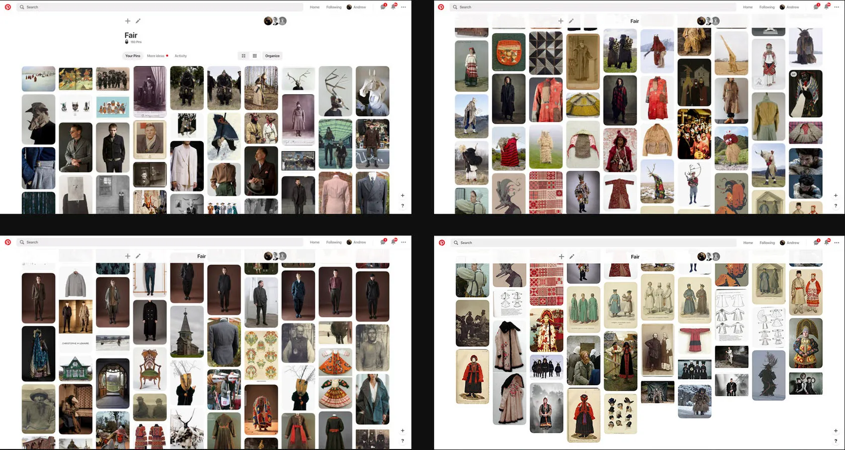 Four screens of our shared Pinterest moodboard, full of vintage portraits.