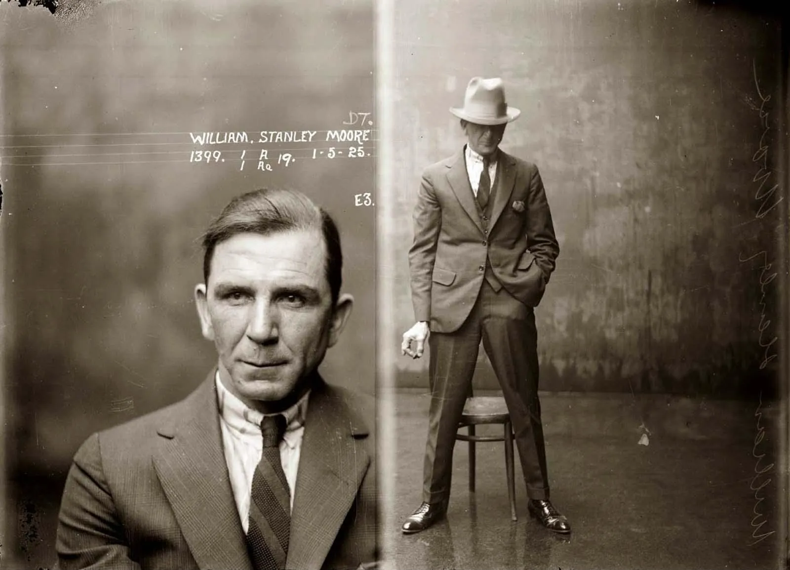 A 1925 police photograph of William Stanley Moore: close-up and full length on one plate.