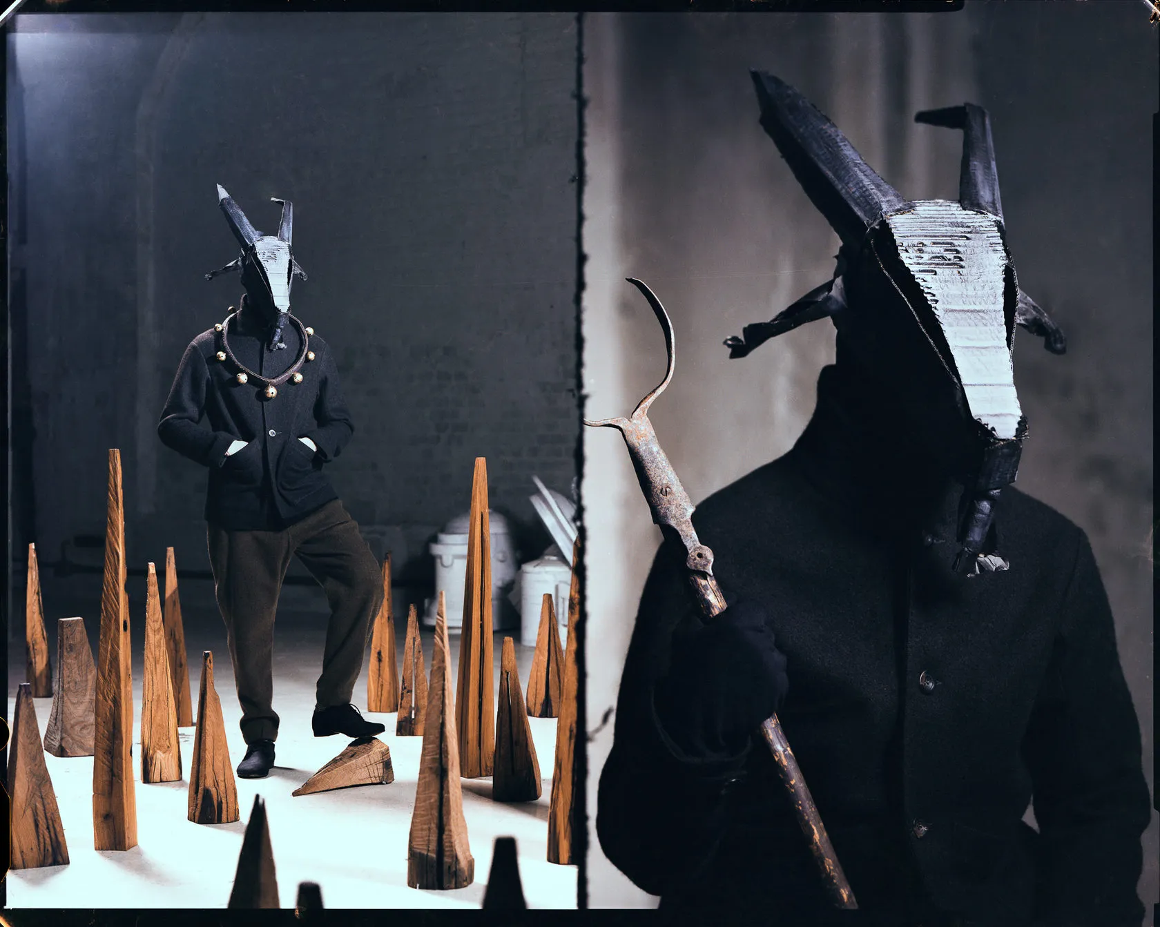 A figure in a horned mask among wooden spikes, and in close-up with a hooked iron tool.