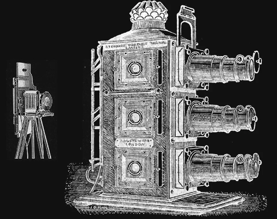 An engraving of a plate camera beside a magic lantern with three lenses, one above the other.