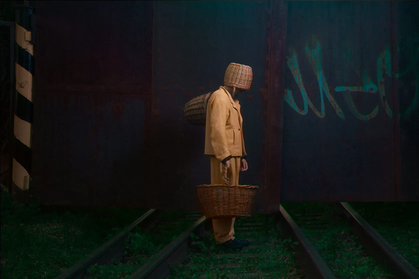 The basket-headed man walks along overgrown rail tracks past a graffitied fence.