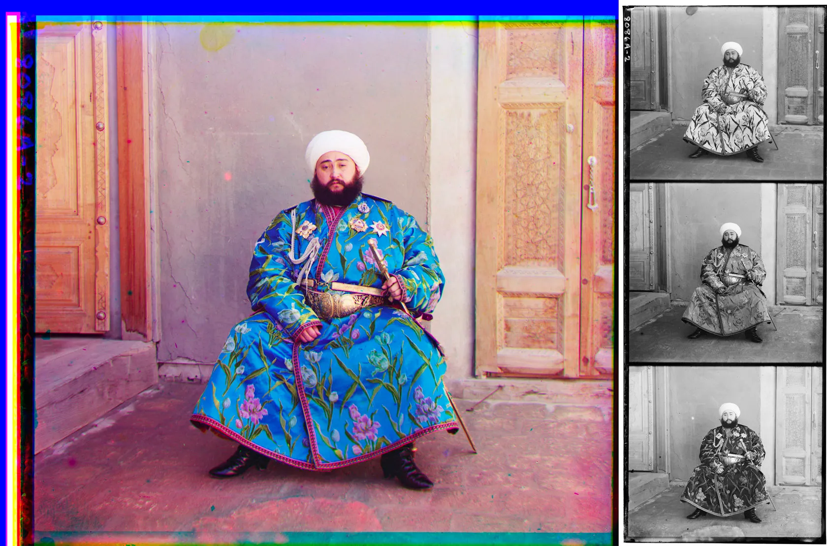 Prokudin-Gorskii’s colour portrait of a seated man in a blue robe, beside the three plates it was made from.
