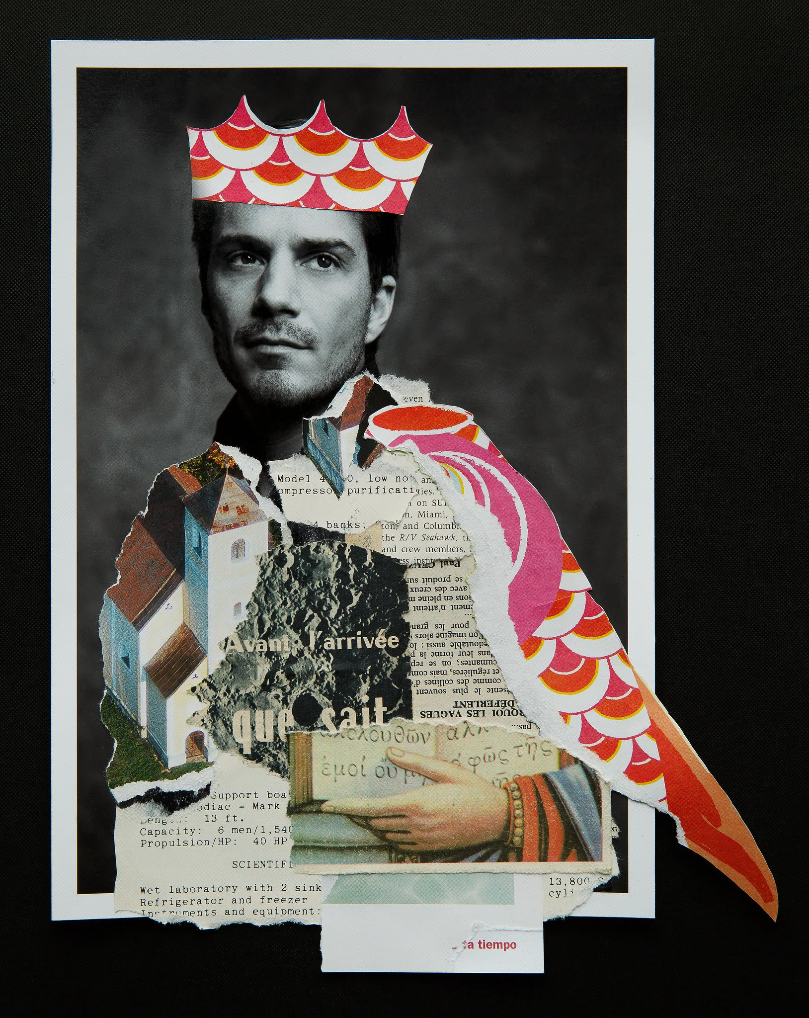 A collage portrait of Sven with a paper crown and torn magazine cut-outs.