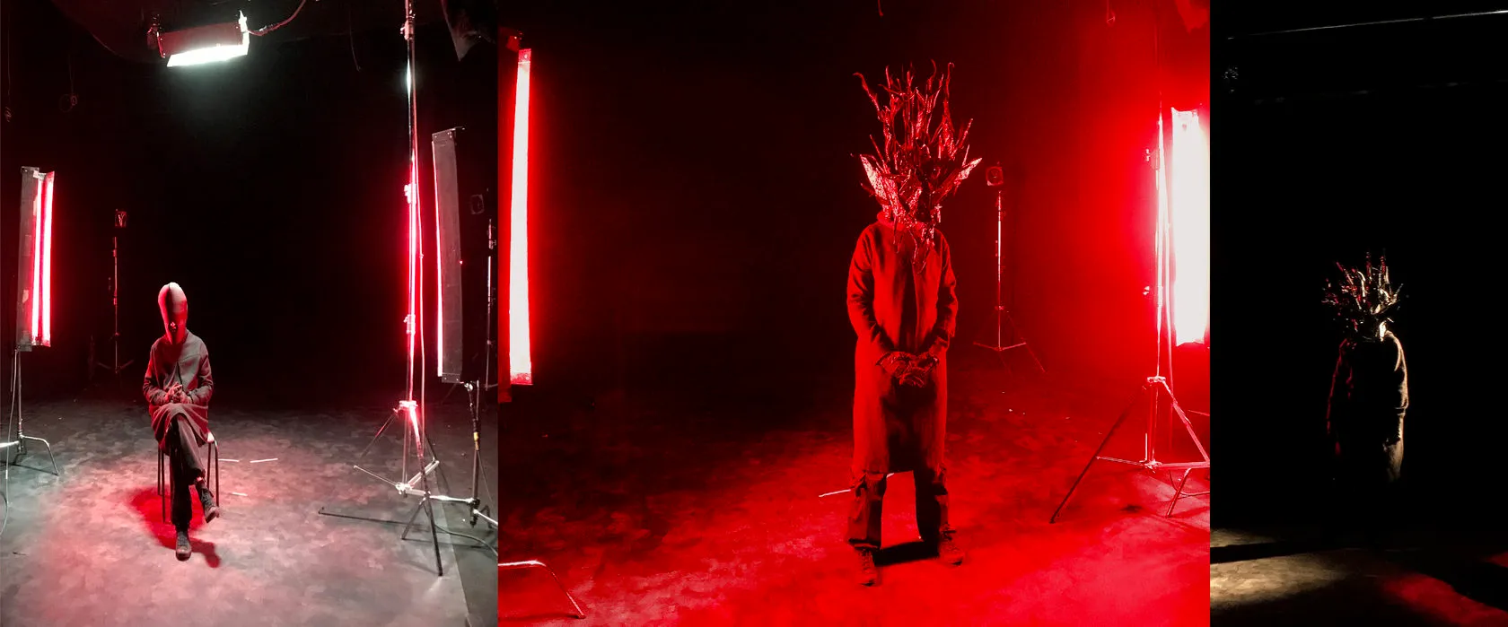 On the red-lit set: a seated figure, then the masked Chaos standing, then Chaos in near darkness.