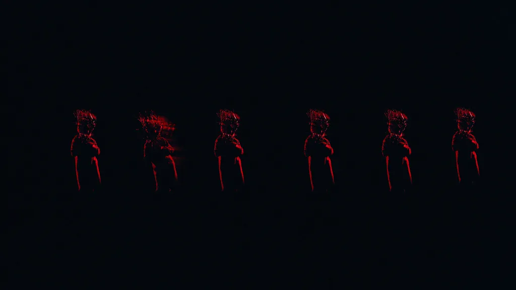 Six small red-lit copies of the masked figure stand in a row on black.