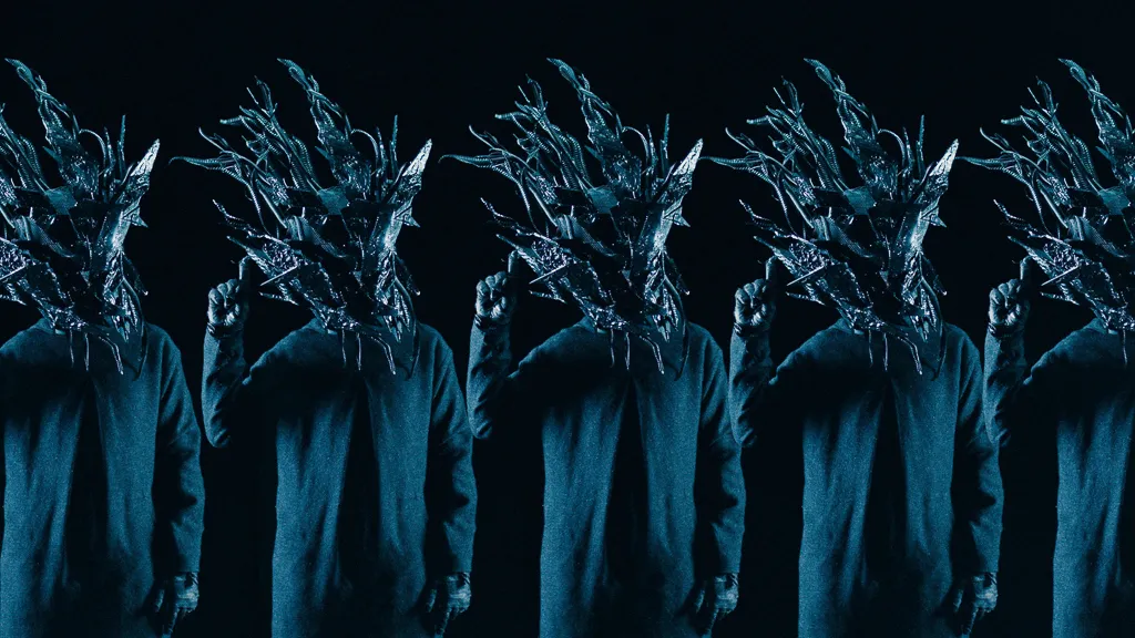 Five copies of the masked figure stand shoulder to shoulder in blue light.