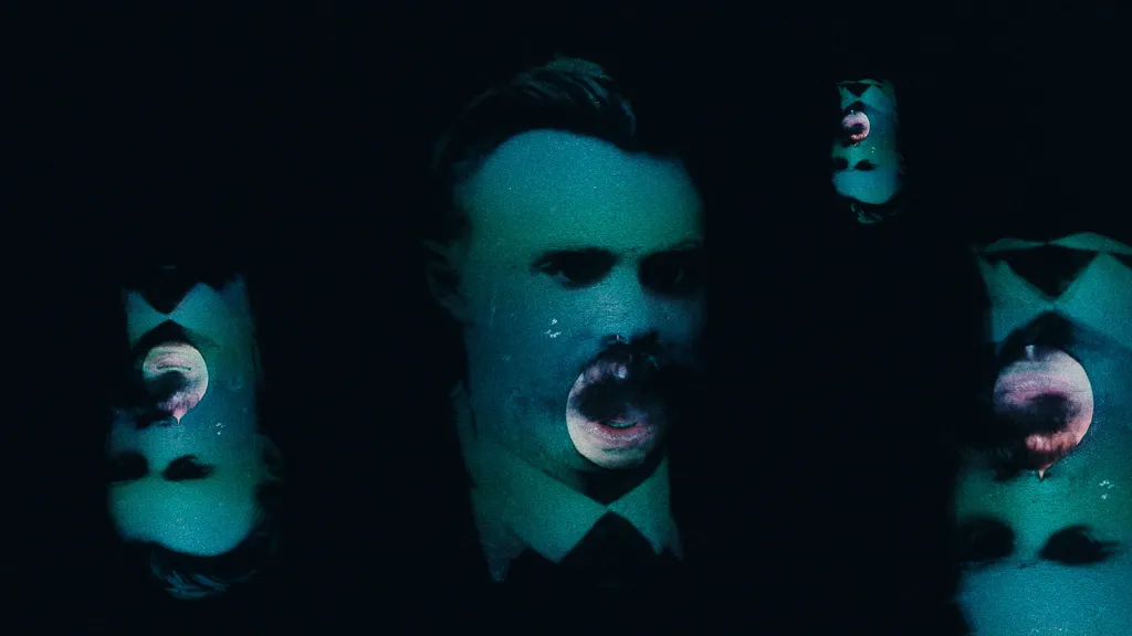 An old portrait of a moustached man with a gaping round mouth, flanked by upside-down copies.