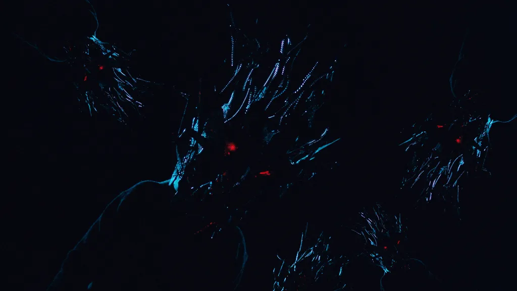Shards of the mask glint blue in the dark, with red points for eyes.