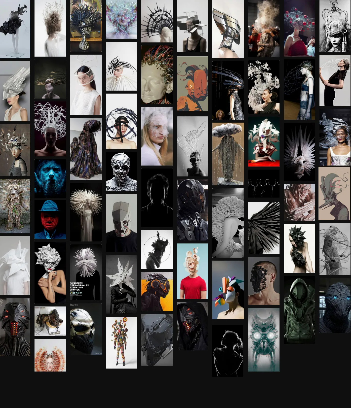 Moodboard: dozens of photos of sculptural headpieces and masks.