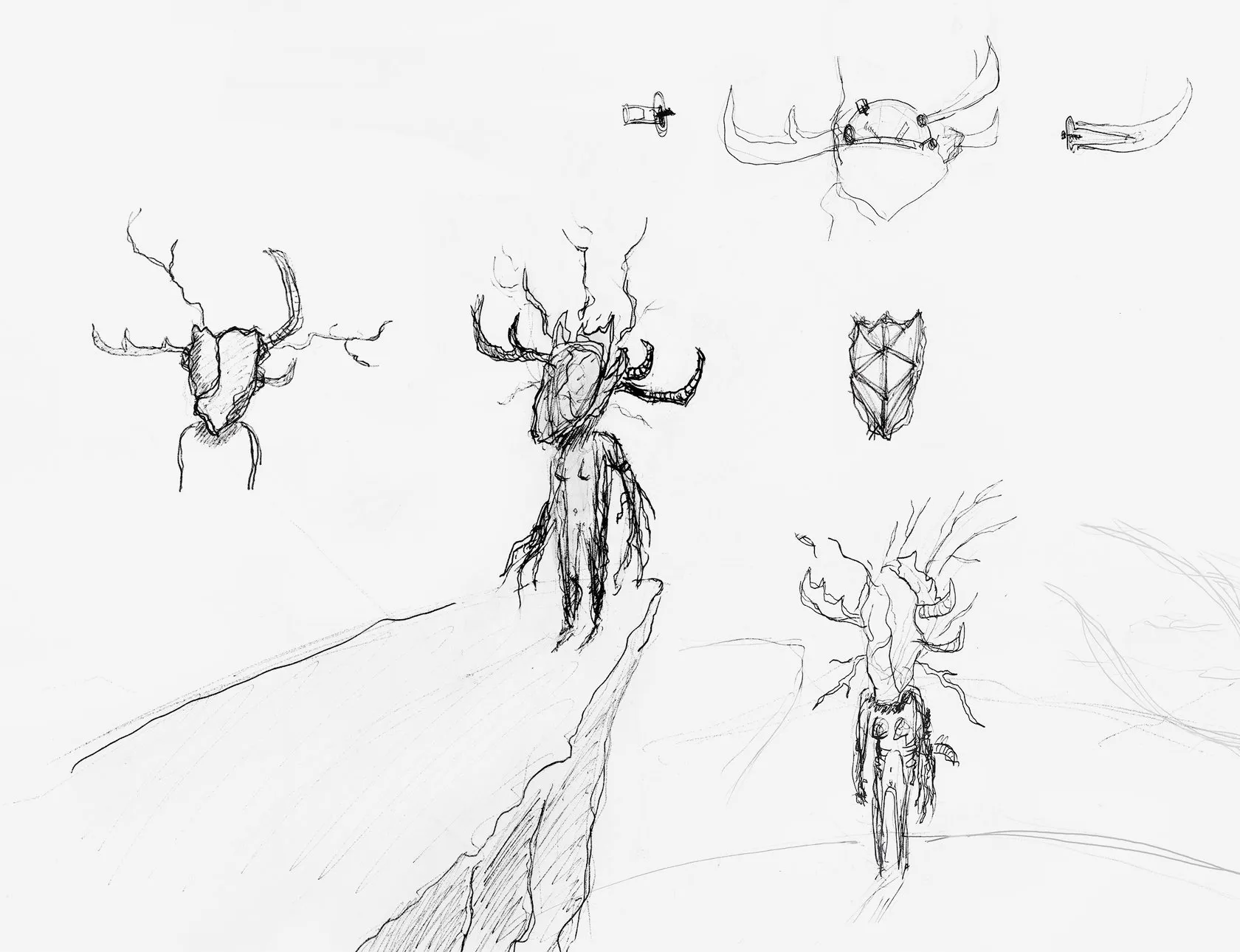 My pencil sketches of the Dàli mask: antlers, horns and a figure on a mountain ridge.