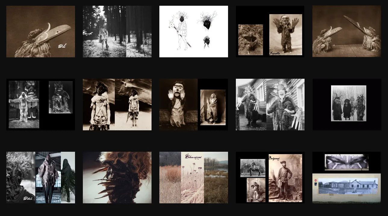 Moodboard: old photos of masked costumes, hunters, grasslands and villages.