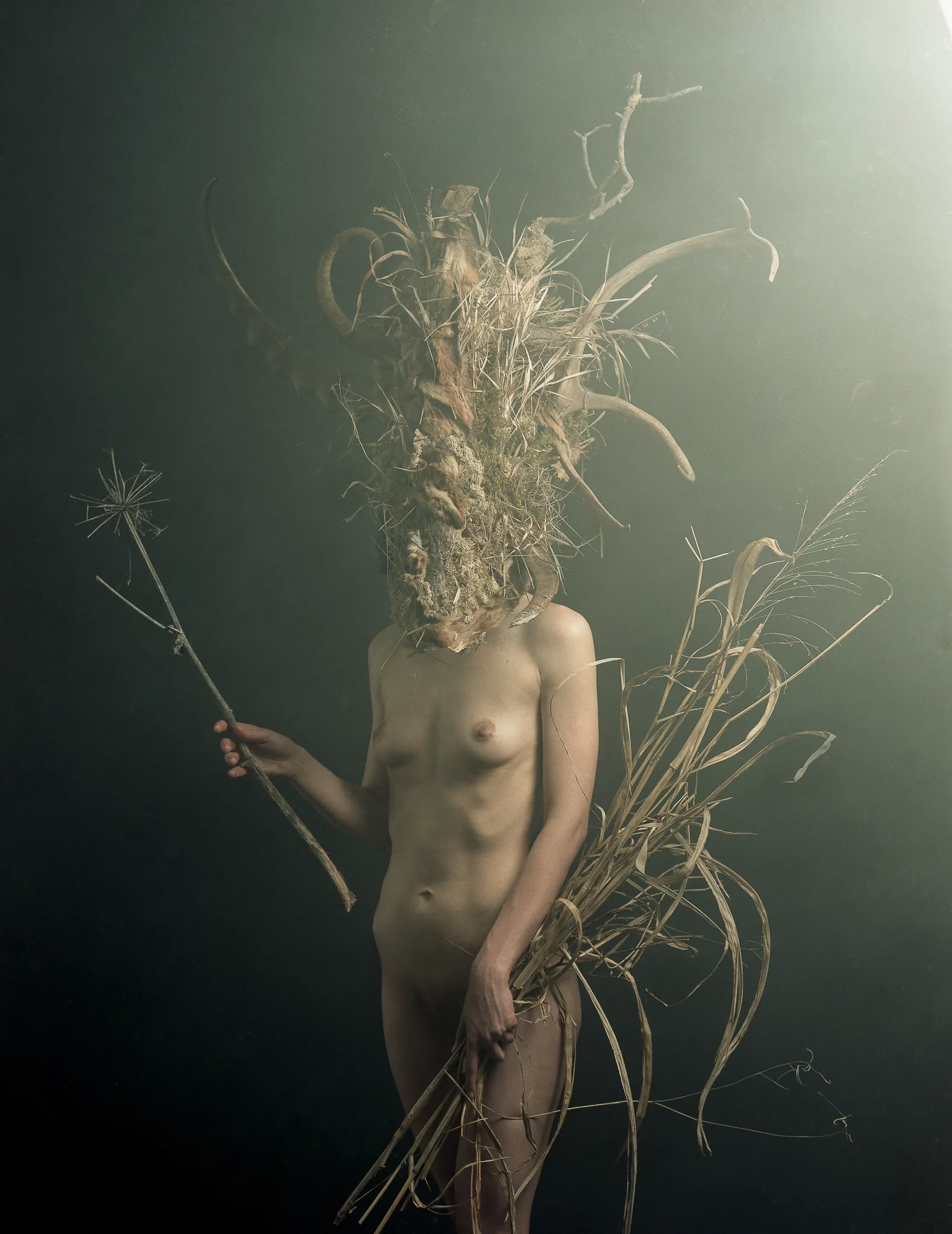 Irina Petrova as Dàli, her face hidden by dry grass, holds a reed against a dark green backdrop.