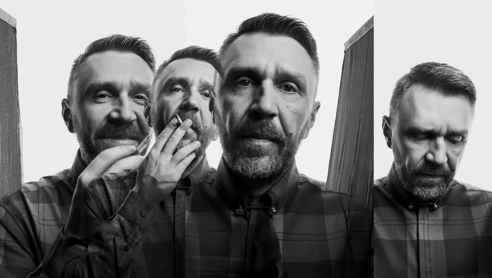 Four black-and-white portraits of Sergey Shnurov side by side, one with a cigarette.