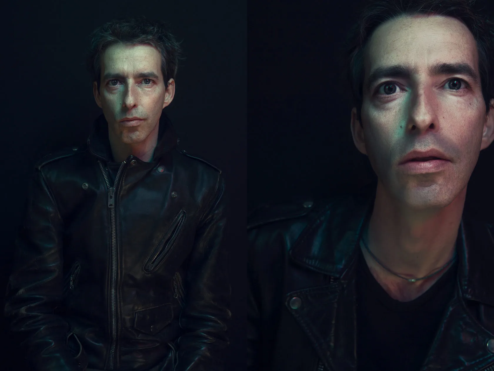 Two portraits of Paul Solas in a leather jacket, side by side.