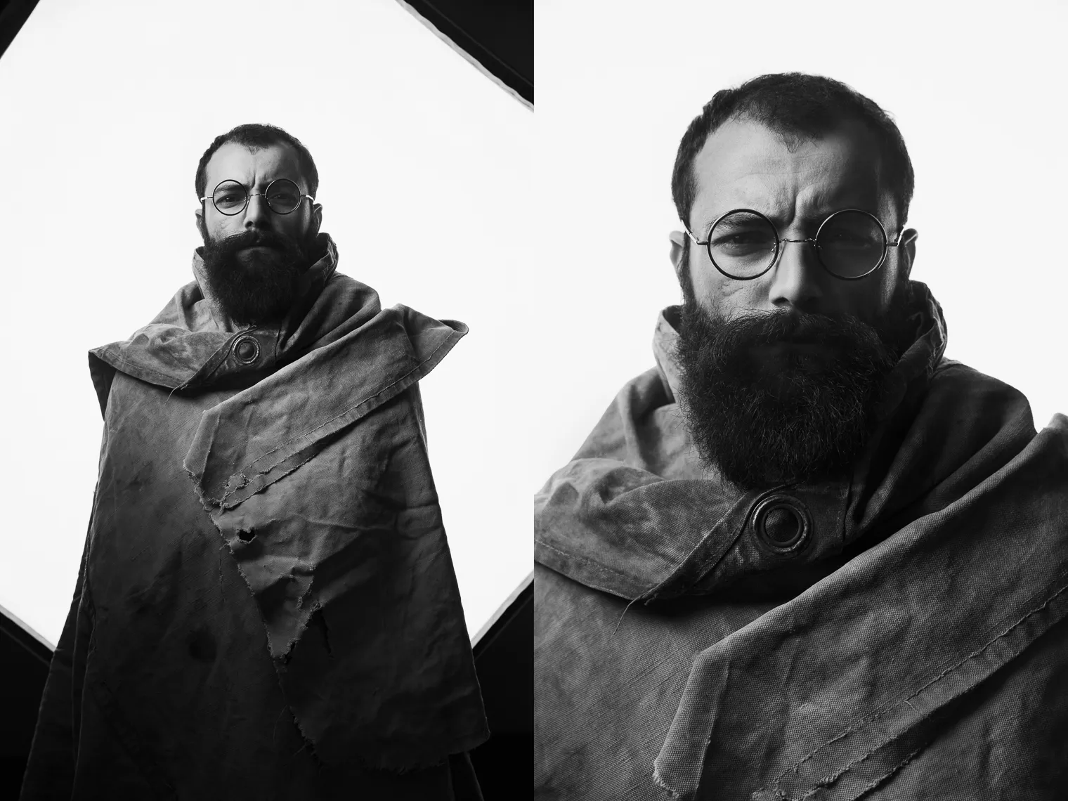 Anri Bibineishvili-Jakeli in round glasses and a heavy cloak, in two black-and-white frames.