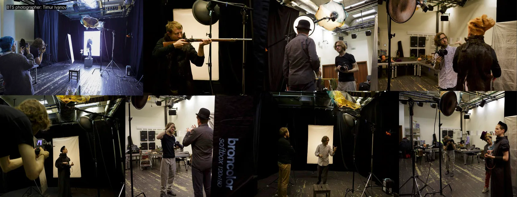 Behind the scenes, in eight frames: the team shoots actors with their props against a white backdrop.