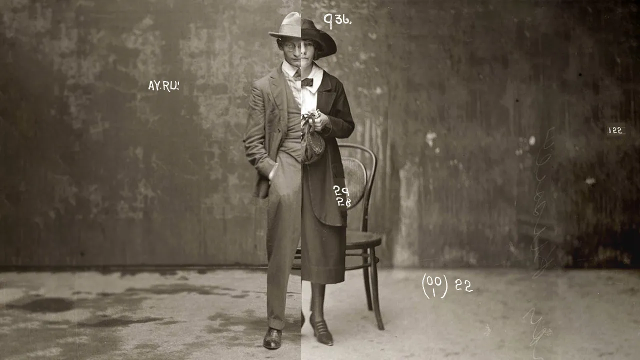 Split frame: a man in a suit and hat beside an early 20th-century police photograph of a woman in the same pose.