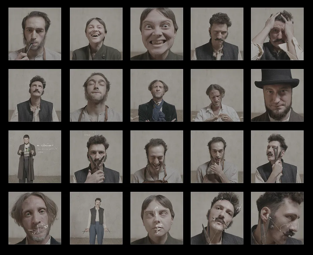 Telegram sticker pack: 20 frames of the cast pulling faces, in a grid.
