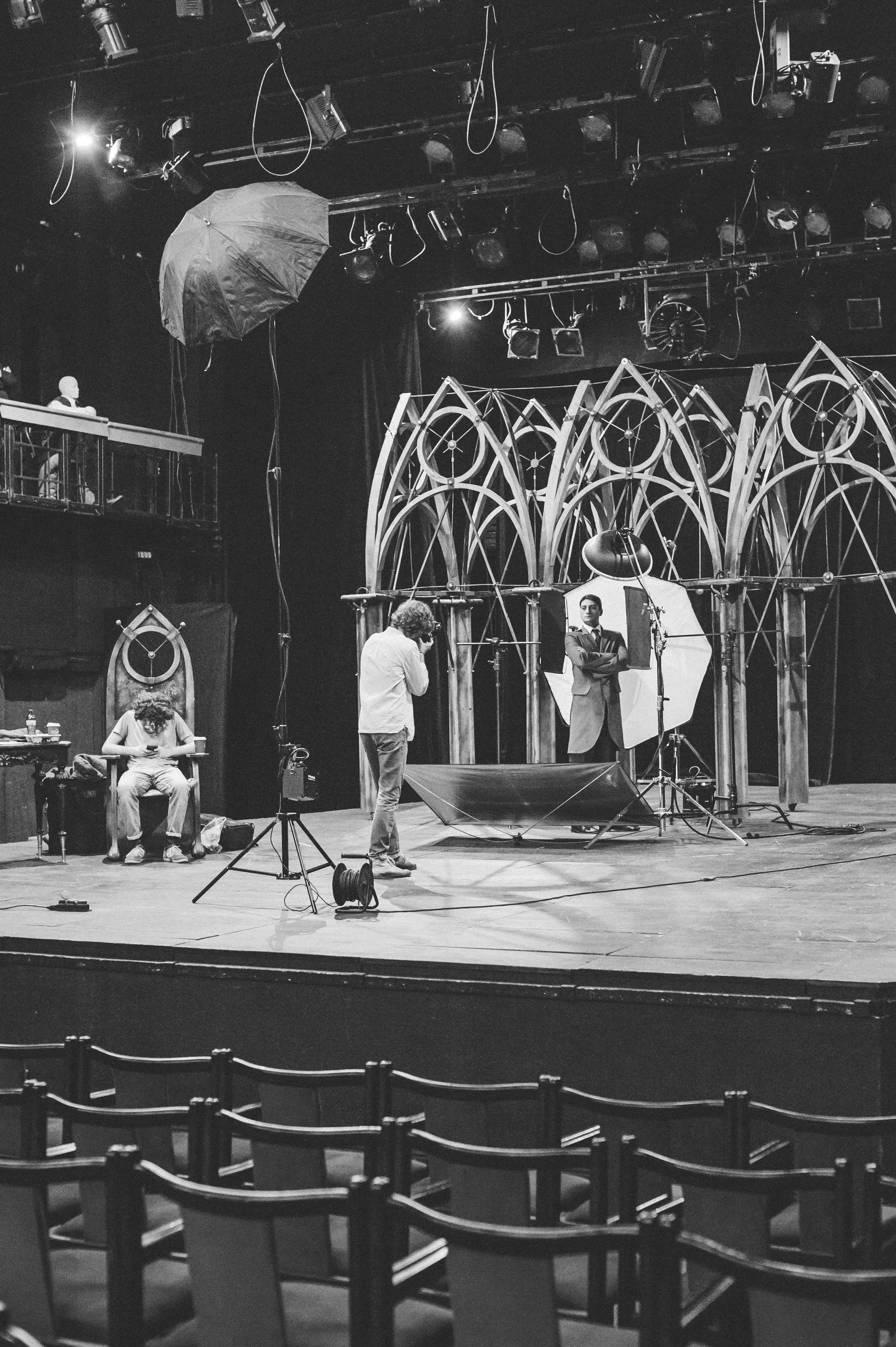 Behind the scenes: the studio set up on stage, seen from the empty stalls.