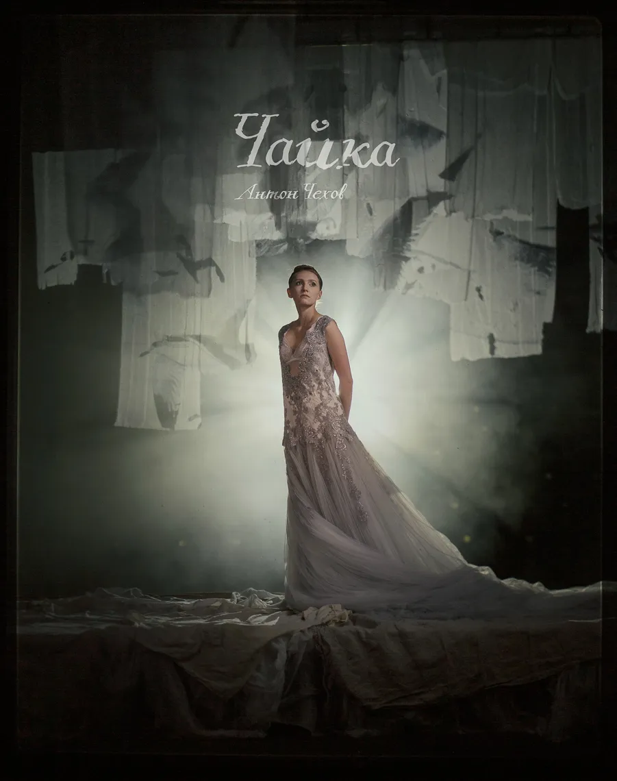 The Seagull poster: an actress in a pale gown stands before hanging strips of gauze in misty light.
