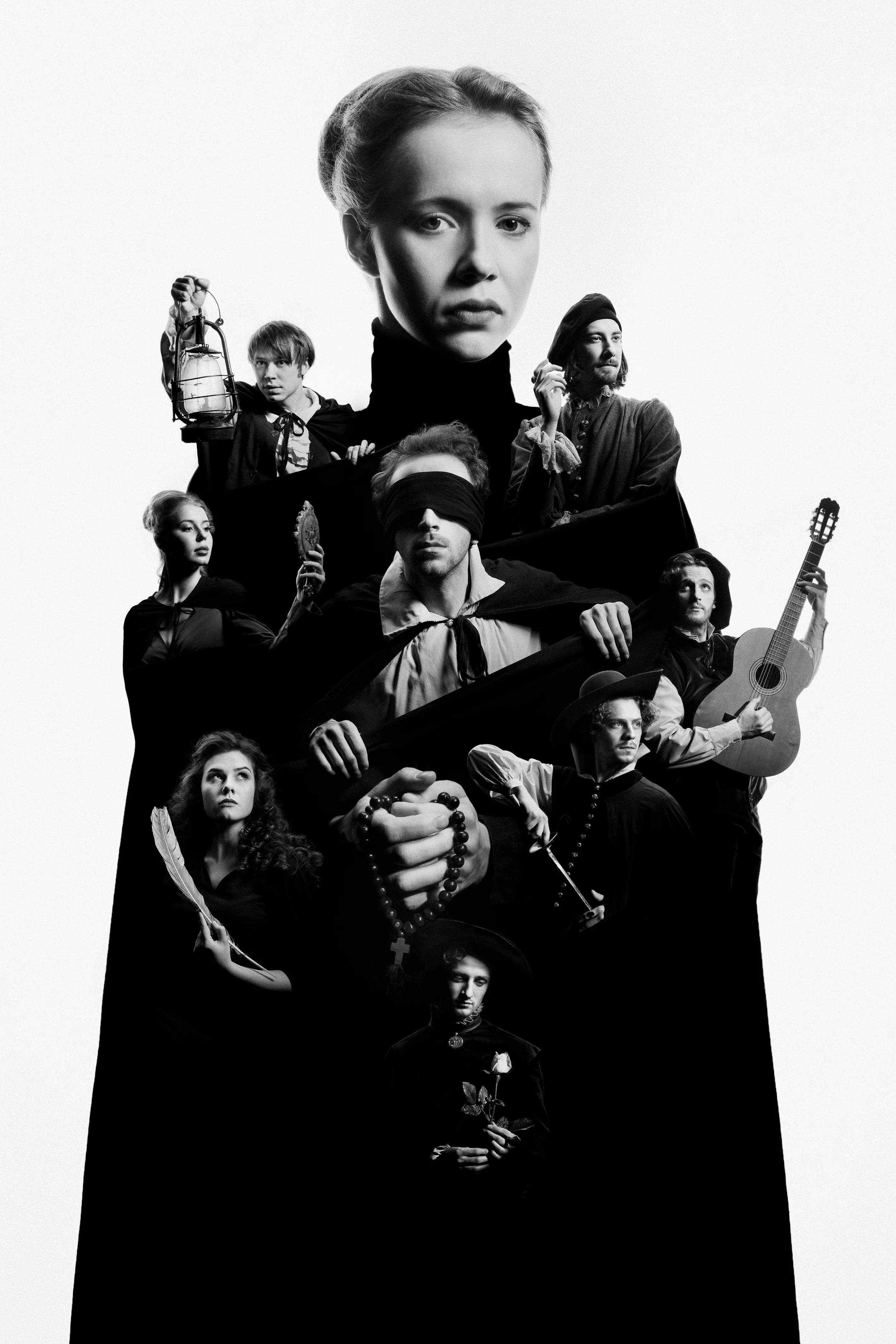 The Widow from Valencia poster by Andrei Kovalev: a poster collage stacks the cast's portraits into the shape of one cloaked figure.