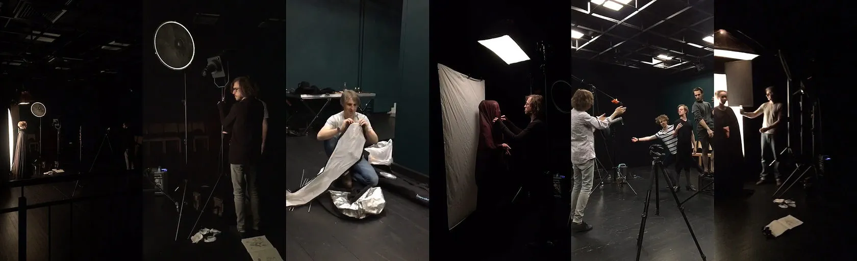 Behind the scenes, in five frames: the team photographs actors one by one in a dark studio.