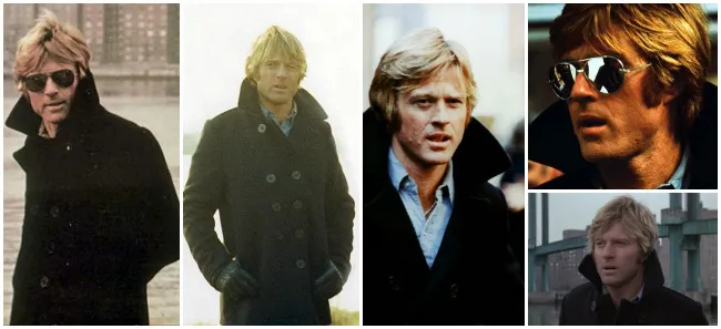 Reference: film stills of a fair-haired man in a dark pea coat.