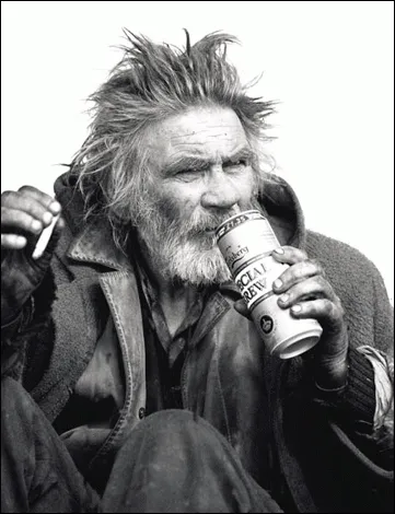 Reference: a homeless man with wild grey hair drinks from a can, a cigarette in hand.