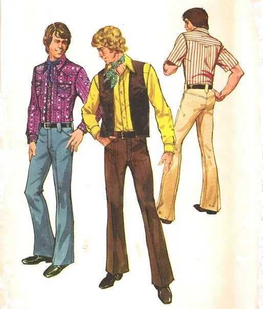 Reference: a 1970s sewing-pattern drawing of men in flares and bright shirts.