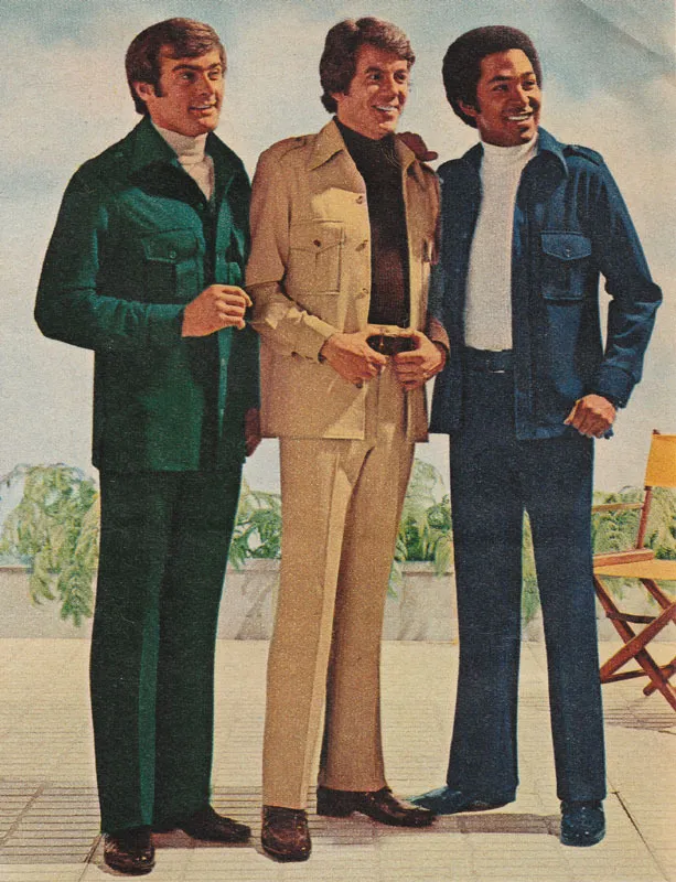 Reference: a 1970s catalogue page of three men in leisure suits and polo necks.