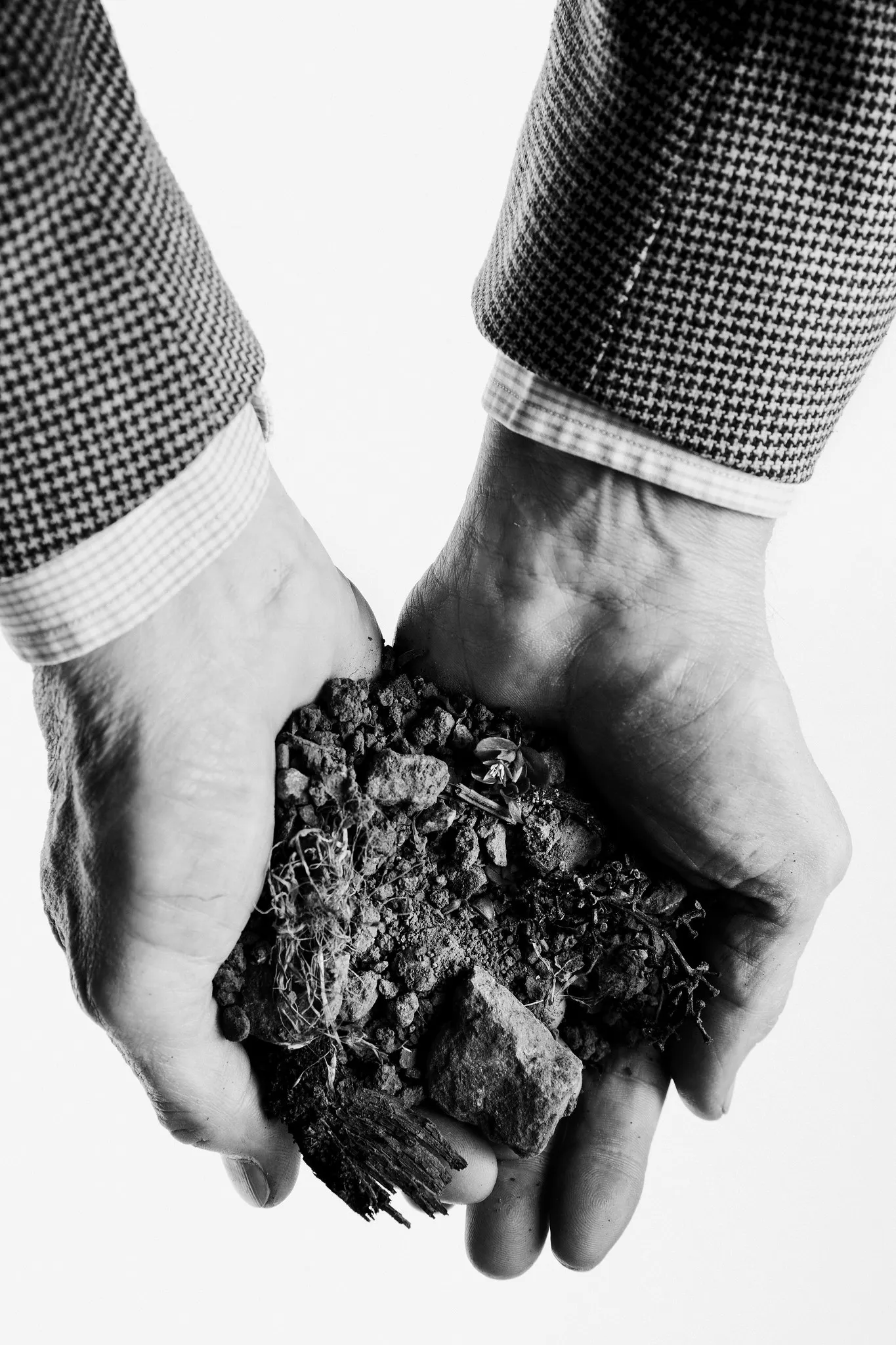 Hands in houndstooth sleeves hold a clump of stony soil.