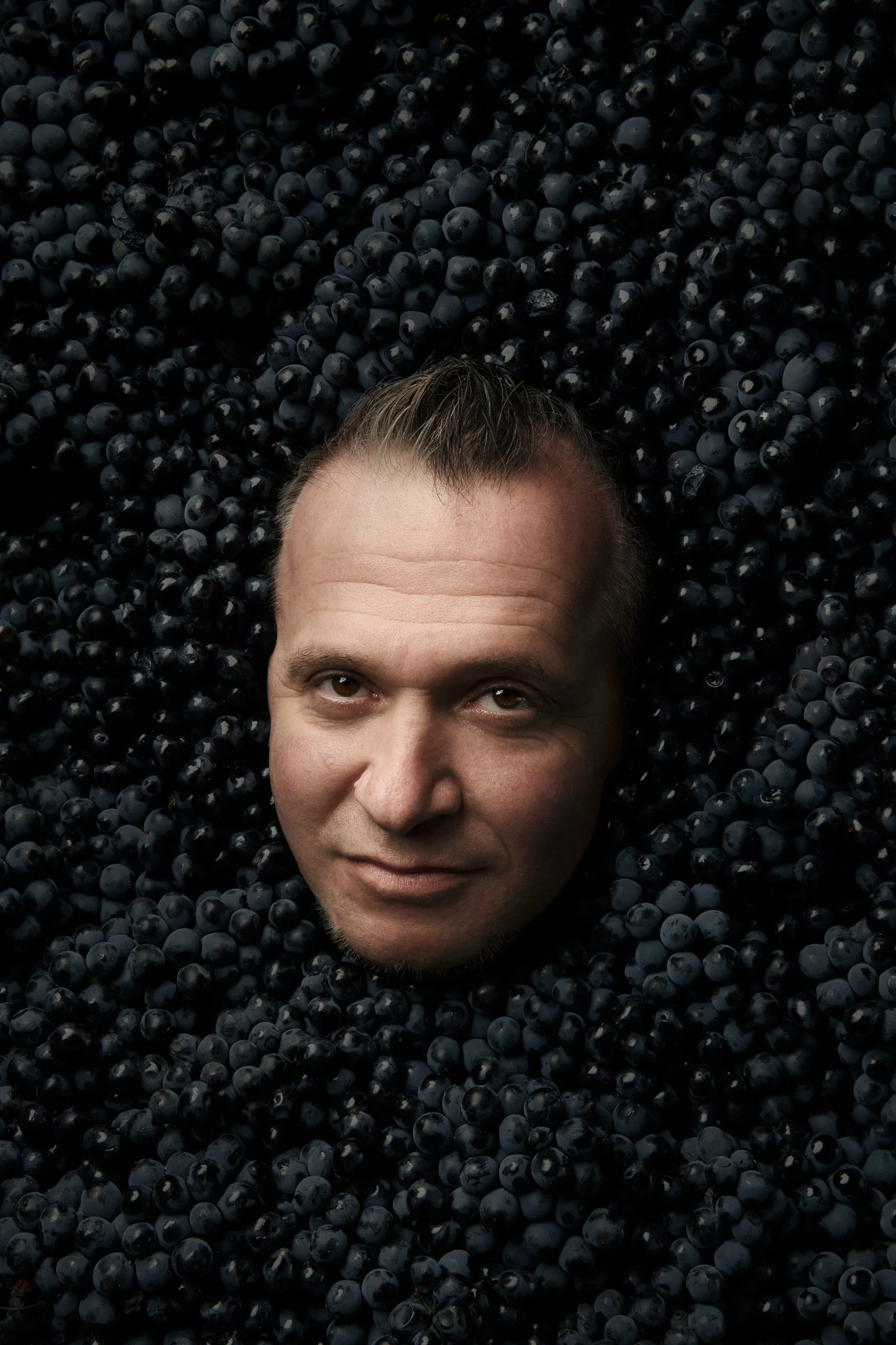 A man’s face pushes up through a mass of dark grapes.