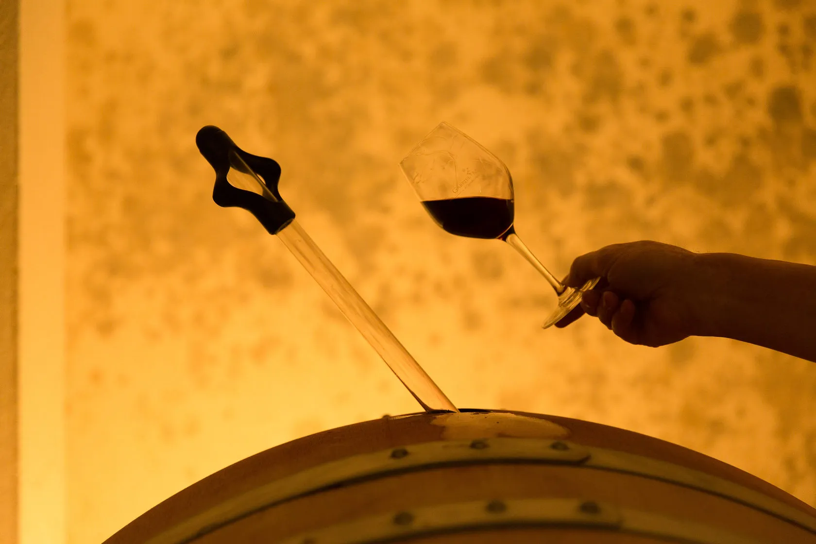 A wine thief and a glass of red wine held up over a barrel against a golden wall.